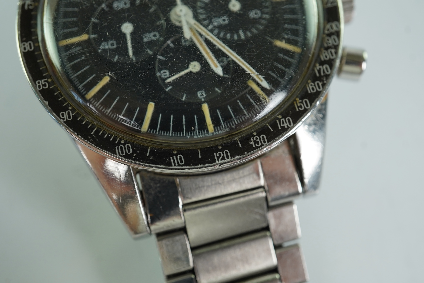 A gentleman's early 1967 stainless steel Omega Speedmaster 'Ed White' pre moon chronograph manual wind wrist watch